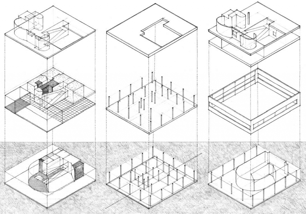 空间体系、结构体系、维护体系分析
图源：程大锦，建筑：形式空间和秩序 