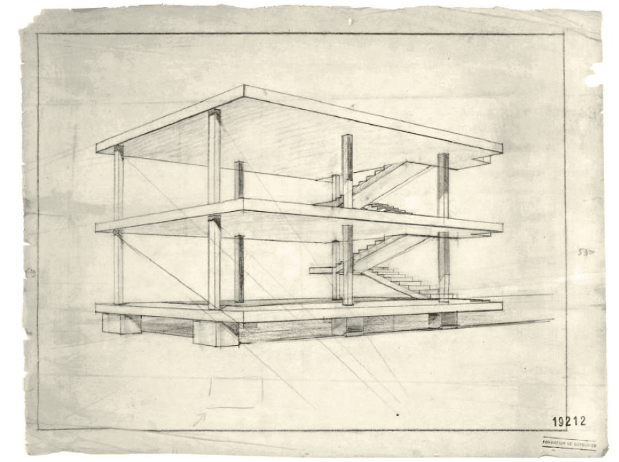 问题的提出：1914年9月佛兰德第一次遭受战争的洗劫。“这场战争也就持续3个月！”“也就需要用几个月的时间来重建毁掉的村镇！”这样，噩梦很快就会过去。（这是当局公开的认识，而人们是如此乐于援引！）

于是，我们构思了一个结构体系——骨架——完全独立于住宅平面功能的骨架：它只承载楼板和楼梯。它由标准的构件组装而成，彼此可以联立，住宅的组合于是便具有了丰富的多样性。在此，①钢筋混凝土的浇筑不需要模板。实际上，这是一种专门用于工地的现场材料，工字钢梁临时钩在固定于每根柱顶端的柱环上，构成简单的支架，通过这种方法确保②楼板上下表面浇注平整；混凝土柱就在建筑脚下浇筑，并随着上方模架体系竖立起来。技术公司把骨架销售到全国各地，其组合与定位取决于规划建筑师，或更简便地，由顾客来决定。

接下来要做的是把居住放进这些骨架中来，“多米诺”骨架的规格，柱子独特的位置，使得③平面布局有了无法穷尽的可能性，如此使使立面上所有可以想像的采光方式得以实现。另一个上面提到的公司的兄弟公司，将出售所有与住宅相关的配套设施，即，所有可以在工厂大批量生产的、遵循标准尺寸的、能够回应合理设施多样化要求的构件：④门、窗、标准格架（可用作壁橱、橱柜、家具，或构成隔断的一部分）。设想一种全新的施工方法：把窗挂在“多米诺”骨架上：固定好门和门框：我们把格架排成行构成隔断。这时候，也只有在这时候，我们才开始建造它的外墙和内部的隔墙。“多米诺”骨架是承重的，所以⑤内外的墙体可以使用任何材料，特别是那些下下选之料，诸如历经火海的石灰石，用战后的瓦砾残渣制成的煤砖等等。