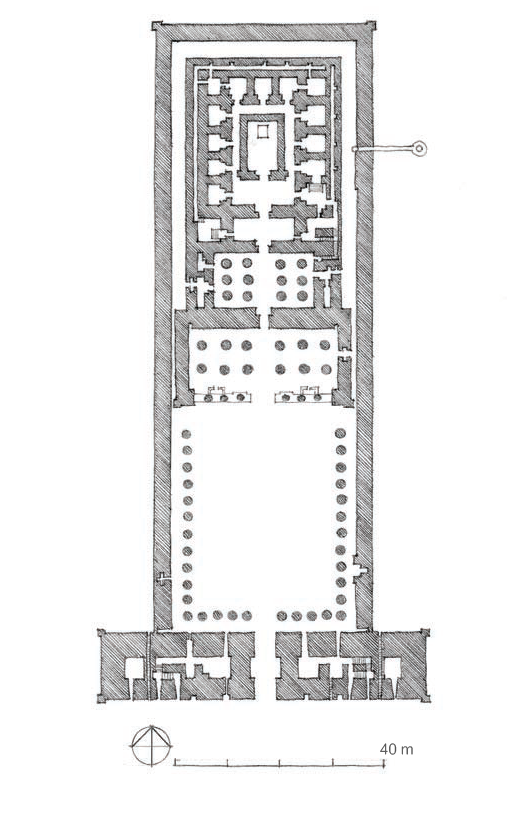 这座城市位于尼罗河三角洲的西端，由亚历山大于公元前332年建立，作为地区首府。它很快成为地中海盆地最大的城市，与其他城市不同，拥有图书馆、博物馆和丰富的世界文化。尽管古城所剩无几，托勒密时期在埃及的许多地方留下了充满活力的艺术和建筑记录，包括建造了大约50座中型和大型寺庙建筑群，更不用说较小的建筑作品了。托勒密和他们的女王们对于遵循埃及的传统没有任何顾虑，他们树立了自己的雕像作为崇拜的偶像。尽管如此，托勒密建筑师并没有像早期的埃及人那样在墙壁上安装窗户:他们的准风格大厅如果有人把门关上，就会变成漆黑一片。托勒密建筑师还在寺庙周围增加了活动空间，使其成为外墙范围内的自治物体。很多创新都集中在对专栏及其大写字母的阐述上。首都可以是圆的或单茎的，四叶的，甚至八茎的。虽然百合不是埃及本土品种，但植物图案是棕榈、纸莎草、莲花和百合。然后，这些植物的叶子就会出现不同的堆叠，从两片到五片不等。生动的色彩增加了形体的丰富性。
There exists one particular form of gradation which is used more often in plan and section than in façades: progression. It is a continuous gradation of crescendo without cyclical variation. Thus a hierarchy is established as can clearly be seen in the drawings of the southern temple at Thebes by Auguste Choisy where the progression towards the heart of the sanctury can be read not only in the plan but also in section. It is not the highest and the largest which is the most important, but the opposite. Hierarchy is not a question of size but of the relative position of an element in its context.  