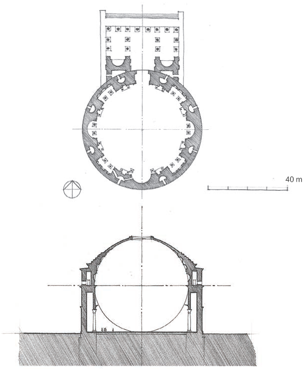 万神庙 Pantheon
哈德良(公元76-138年)是所有帝王中对建筑最感兴趣的人，他也是一位诗人和画家，也是一位称职的指挥官。

万神殿之所以能存活下来，很大程度上是因为它后来被用作教堂。虽然它已经失去了原有的大理石覆层，也缺少了曾经作为入口框架的庭院，但它仍然是一座令人印象深刻的建筑。然而，从外面看，今天的建筑与最初的建筑完全不同，它不是一个独立的建筑，而是嵌入到城市结构中。它的主要视野应该是在一个有柱廊的前院。 

对罗马人来说，其大胆的穹顶内部空间是一种创新。它从概念上源于希腊和埃及人对空间几何的数学兴趣——哈德良很熟悉这些概念，他曾住在亚历山大，一个以学习中心而闻名的城市。是希腊人阿基米德解决了测量球体和圆柱体相对体积的问题。相比之下，罗马人对解析几何几乎没有贡献。从这个意义上说，这座建筑几乎可以说是非罗马风格的。 

至今还没有找到罗马文字来解释关于神圣雕像的内部安排，建筑中进行的仪式。但很有可能这座建筑暗示了神圣与帝国王国的统一。除了开始在叙利亚建造的太阳神庙(公元117年哈德良是叙利亚的统治者)，还有强调光明和黑暗的神秘崇拜，就像在希腊实践的埃利乌西尼神秘主义，哈德良就是从那里开始的。从这个意义上说，这座建筑可以被看作是东方宗教思想进入罗马核心的一个重要入口。