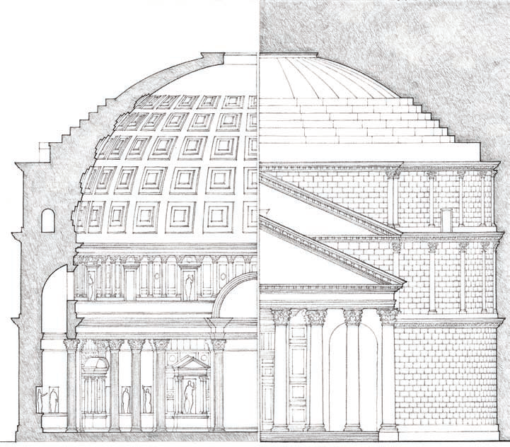 万神庙 Pantheon
事实上，格子的下半部分与它背后的结构没有任何关系。从这个意义上说，建筑师愿意用结构的幻觉来工作，或者至少想要将穹顶的“天堂”结构的视觉词汇从结构支撑的坚硬现实中分离出来。甚至围堰也是从光学角度设计的。台阶较低的边缘较浅，较高的边缘较陡，因此从地板的中心看，台阶的高度是相同的。结构的下部是砖面混凝土，有空隙可以减轻整体重量。巨大的弧形拱顶将部队引向地面。对于穹顶，只使用了混凝土。为了保证整体的凝聚力，临时木制模板的浇筑必须是无缝的，从下到上没有停顿。组织混凝土的生产，它的直接运输到圆顶的水平，它的分配到正确的地方的人携带小批量是相当了不起的。底部墙体的宽度为6.15米。它的厚度仅为1.5米，与直径8.3米的oculus相同，并对空气和天气开放。尽管这座建筑唤起了强烈的回忆，但哈德良的实验不会重演。尽管罗马建筑师继续使用圆顶空间，就像卡拉卡拉的浴室一样，圆顶和oculus作为帝国的信息从未重复过。原来的中楣在1747年被替换成一个比例不那么精致的。20世纪初，在文艺复兴时期的绘画基础上重建了一小段原始的壁画。 