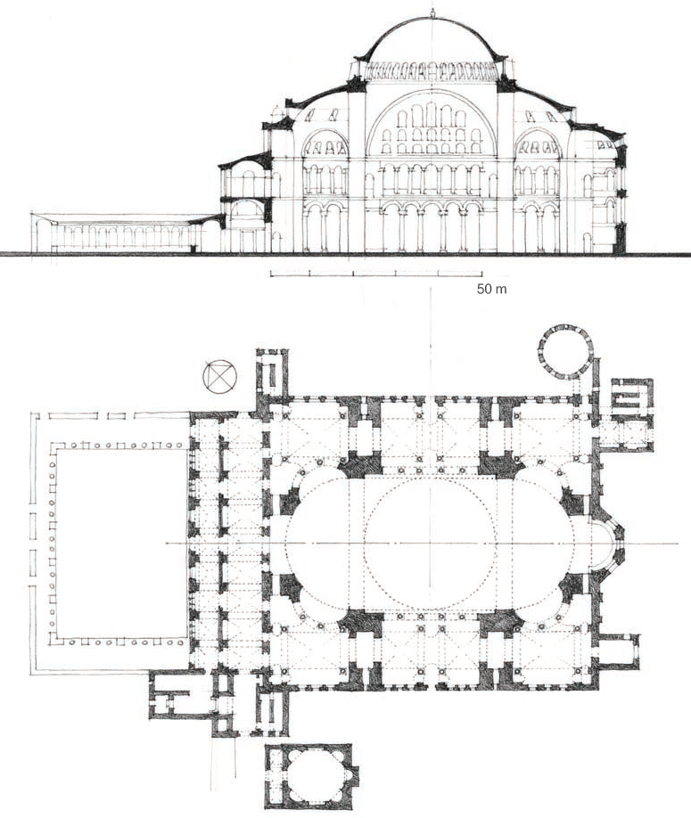穹隅解决了穹顶和方形平面结合的问题。为何南北两侧的拱填以墙体，而东西面上的拱延伸为一系列大大小小的半穹顶，使教堂成为长方形平面？没有绝对中心点的原因是出于礼拜仪式的需求，同时也缘于拜占庭式教堂建筑的传统。然而罗马人设计的大群民众聚集的建筑的结构方案，即所谓的巴西利卡，是纵向的建筑物，其宽阔的中央走廊结束于半圆殿，两边通常有覆盖以木屋架屋顶的窄侧廊。为了遵守这两项传统，同时又由于大量的礼拜仪式进行时必须在教堂的一端设有祭坛，于是设计出此妥协之后的平面。安瑟米奥斯在两侧加上填以墙体的拱作为隔屏，然后又用大大小小的半穹顶将整个穹顶在纵向延伸，于是就把这个本来是正方形的平面结构的内部变成长方形。