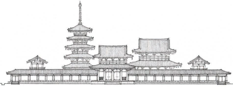 法隆寺 Horyu-ji
五乘四格的比例使大厅看起来几乎是正方形的。这是一个两层楼的结构，有两个深的，悬挑的屋檐，在末端向上，辅以较低一层的门廊屋檐，这是后来建造的。它坐落在一个较低的基座上，四个轴上都有小楼梯，顶部有一个倾斜的山墙屋顶。和希腊建筑一样，在大多数当代的木制寺庙中，Horyu-ji的柱子呈现出entasis，最大的尺寸在中间，最小的在顶部。中间的门大致重复了金色大厅的组织方案，但规模更简单。它有四个海湾宽，三个海湾深，因为它的中心有一排列，一个进入稍微偏离轴线的复杂。 