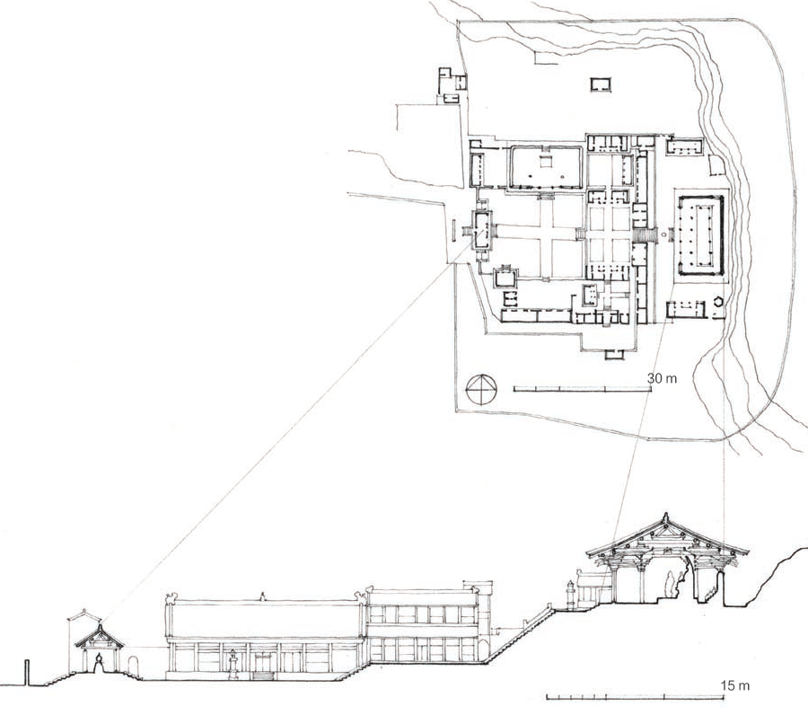 建于隋唐时期的南禅寺和佛光寺，坐落在山西五台山的省会城北，是为数不多的保存至今的木制寺庙之一。佛光寺(公元857年)是两座建筑中比较宏伟的一座。不像南陈的三层大厅，它的简单的臀部和山墙(谢山)屋顶，佛光大厅是七乘四层，屋顶的形式被称为一流的臀部风格。这些柱子将大厅分为内外曹(“空间”)。就像他们把佛塔变成塔一样，中国人也改变了寺院的形式;在这种情况下，它显然源自当时的宏伟建筑。寺庙一般由一个佛堂组成，佛堂由一个庭院构成，庭院位于一个有柱廊的围墙内，有一个北门和一个南门。较大的门也有东门和西门。这些庭院是以它们的主要建筑命名的，例如宝塔庭院、禅院(“禅修”)、梵谷(“戒律”)庭院、普雷亚(“土地”)庭院等等。然而，南禅寺和佛光寺的整体风格非常相似，屋顶坡度较低，屋檐较深，以斗拱为主。 