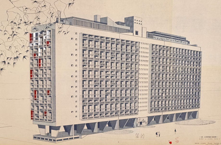 菲尔米尼集合住宅Unité d’Habitation, Firminy, Perspective of east facade by Le Corbusier. From Le Corbusier Le Grand