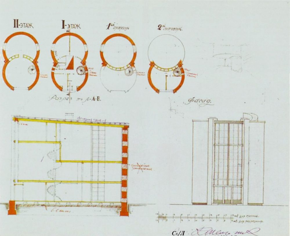 Konstantin Mel’nikov, more developed sketch with notes and early plans (1927)