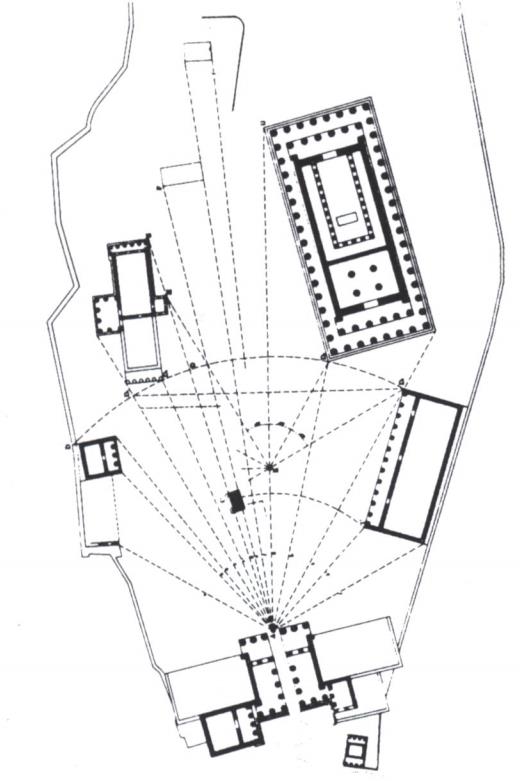 根据道萨迪亚斯的观点，古希腊没有正交的布局正是刻意遵循古典原则。在寺庙所处的位置，道萨迪亚斯设计了极坐标系统和同心圆这些元素构成一个展开的巨大扇形构图，涵盖了周围景观，其间的空地形成构图的间隙。