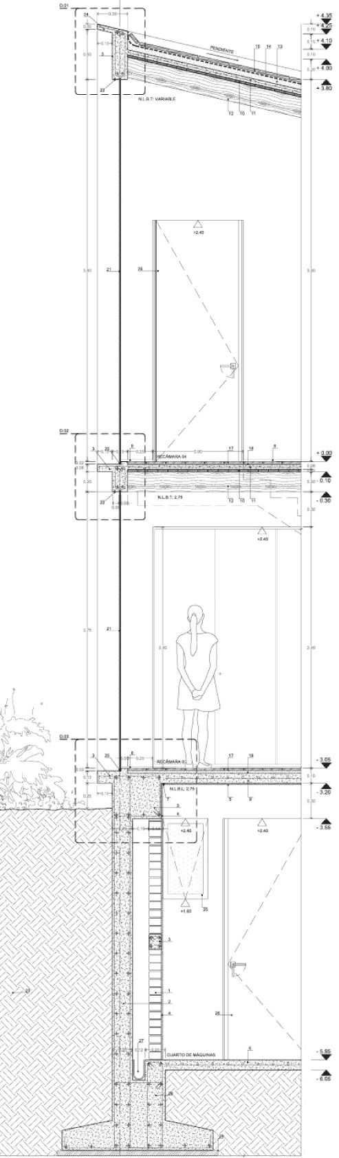 1 70×140×280 红色赤土砖隔墙 7X14x28cm red brick wall with 1cm joints
2 200 钢筋混凝土挡土墙 Reinforced concrete retaining wall
3 混凝土构件光面胶合板模板 Structural concrete element smooth plywood formwork
4 红砖墙上的水泥+泥土粉刷 Cement+earth render over red brick wall
5 用3层乙烯漆+密封剂 Plaster render with 3 coats of vinyl paint+sealant
6 100宽 抛光或水洗混凝土饰面的混凝土板 concrete slab with polished or washed concrete finish
7 滴水线 Soffit flashing. 1cm metal shape
8 带有20金属齿口地板 J channel floor fashing with 2cm metal flange
9 100厚钢筋混凝土板solid reinforced concrete slab
10 100宽 一级松木板 stclass pinewood slat, kiln-dried
11 钢筋网混凝土 Reinforced concrete compression layer with electro-welded mesh
12 100×200cm 松木梁 beam. 1st class pinewood
13 轻质砂浆层：水泥、石灰 Lightweight mortar layer: cement, lime
14 45 混凝土板上的防水板。Bautech或类似产品 waterproof sheeting over concrete slab. Bautech or similar
15 红粘土砌砖，用砂浆砌筑 Red clay brickwork, laid with sand mortar
16 30 材料变化之间的间隙 gap between changes of materials
17 14 厚多层板 thick laminated wood slats
18 木板安装用粘合剂和自流平 Adhesive and levelling agent for wood slat installation
19 600×400 垫抛光框架 mat polished frame, butt jointed
20 玻璃弧角 intrados +angle for glazing
21 10 对接的超白钢化玻璃 extra-clear tempered glass, butt jointed
22 滴水线模板预埋 Flashing, with preparation left in formwork
23 符合景观规划的天然表层土 Natural topsoil as per landscaping plans
24 50厚混凝土檐口 high ledge with face concrete base
25 向外打开的窗户 10毫米超透明玻璃 Outward-opening window. 10mm extra-clear glass
26 松木框架的木门 Wood door wth pinewood frame
27 挡土墙与红砖墙之间的排水 Drainage between retaining wall and red brick wall
28 钢筋混凝土基础 Reinforced concrete foundations
29 50素凝土垫层 lean concrete base